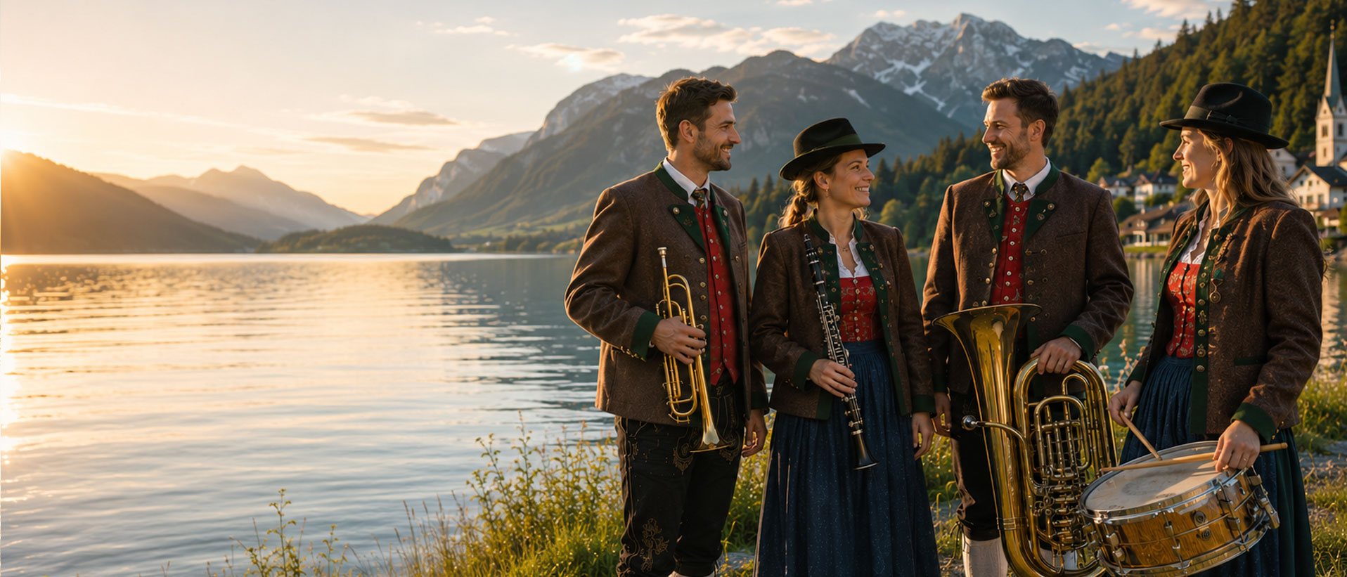 Musikerinnen und Musiker in traditioneller Kärntner Tracht mit Blasinstrumenten am See